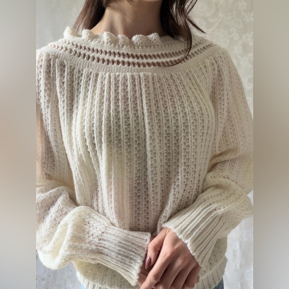 Vintage Cream Off Shoulder Knit Sweater Cottagecore Balloon Sleeve Soft - Picture 6 of 17